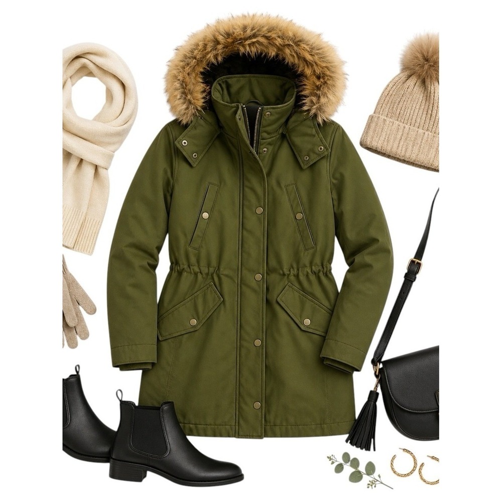 J.Crew Olive PrimaLoft Faux Fur Hood Utility Parka Petite XS Winter Jacket EUC